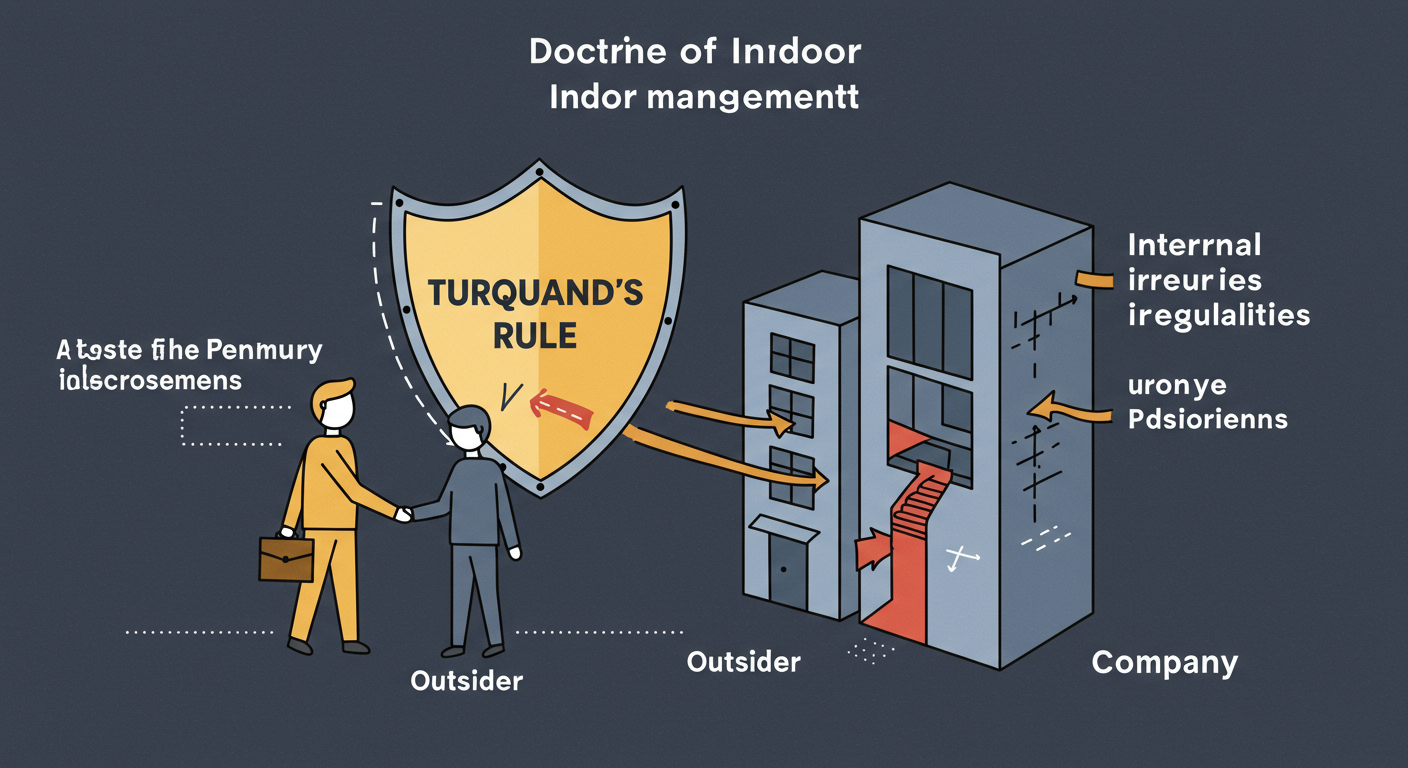 AOA Full Form: Your Company's Rulebook Explained (2026) 3 AOA Full Form - A simple graphic illustrating the Doctrine of Indoor Management. A shield labeled "Turquand's Rule" protects an 'Outsider' (a person shaking hands) from arrows labeled 'Internal Irregularities' coming from inside a building labeled 'Company'.