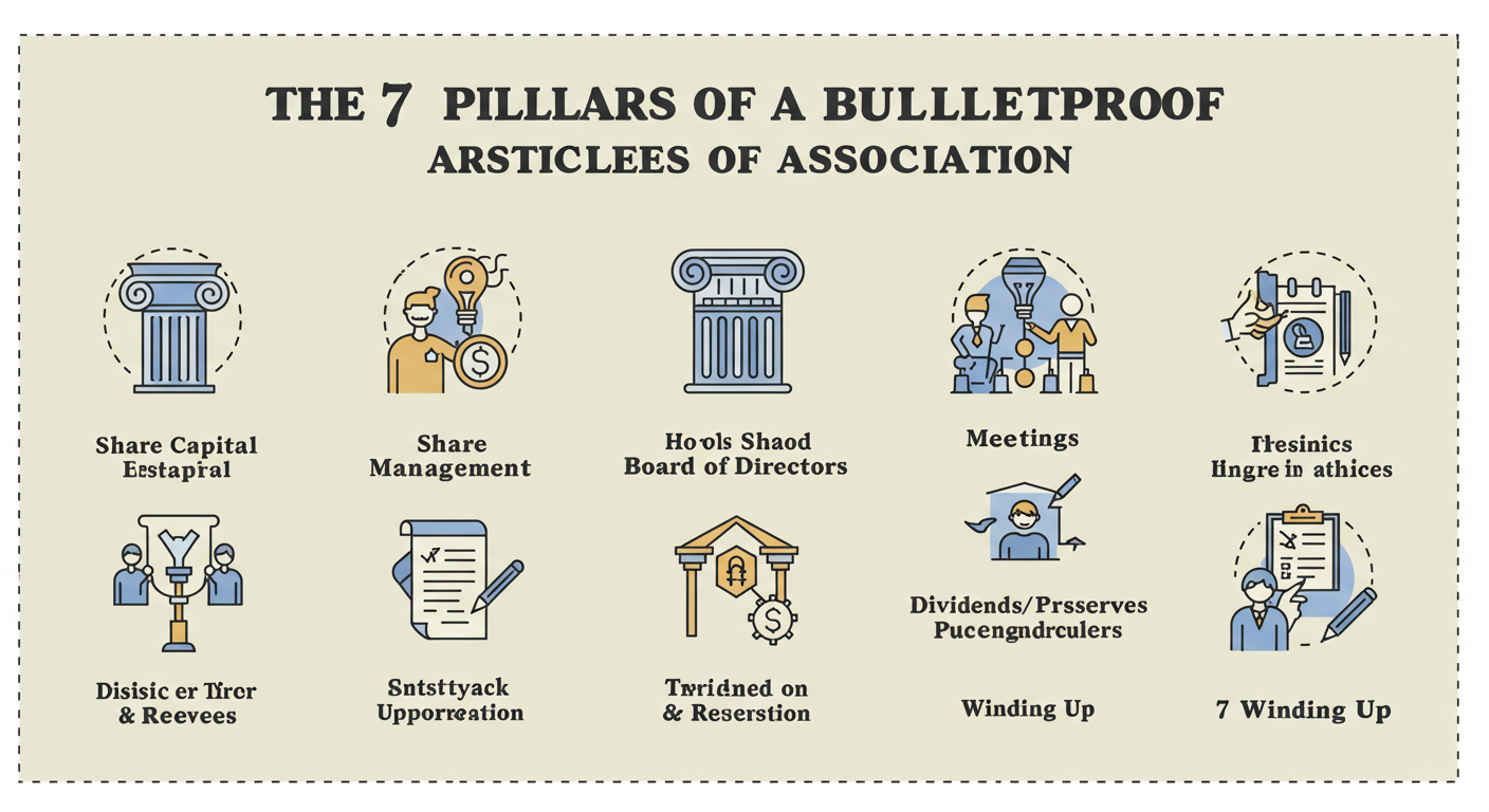 AOA Full Form: Your Company's Rulebook Explained (2026) 1 AOA Full Form - A professional infographic titled "The 7 Pillars of a Bulletproof Articles of Association". Each pillar is represented by a classic column icon and includes a keyword: 1. Share Capital, 2. Share Management, 3. Board of Directors, 4. Meetings, 5. Dividends & Reserves, 6. Transfer/Transmission, 7. Winding Up.