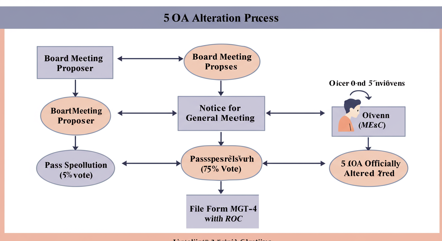 AOA Full Form: Your Company's Rulebook Explained (2026) 2 AOA Full Form - A clean, minimalist flowchart diagram illustrating the 5-step AOA alteration process. Steps are: 1. Board Meeting Proposal, 2. Notice for General Meeting, 3. Pass Special Resolution (75% vote), 4. File Form MGT-14 with ROC, 5. AOA Officially Altered.