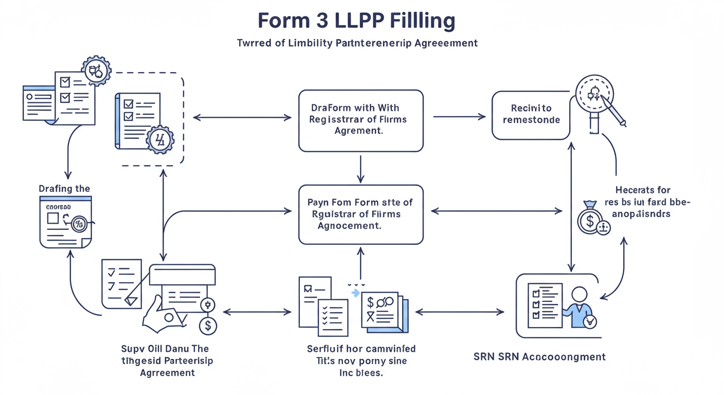 Form 3 LLP Filing in 2026: A Guide to Avoid Costly Penalties 2 Form 3 LLP filing - professional minimalist flowchart showing the 7-step workflow of Form 3 LLP filing, from drafting the agreement to receiving the SRN acknowledgment.