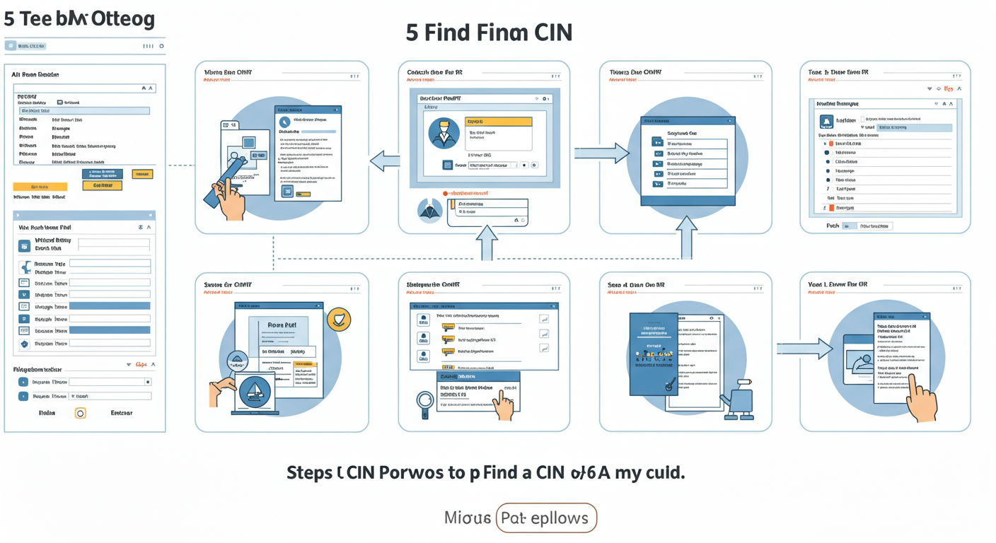 CIN Certificate: Your Company's Complete Guide for 2026 2 CIN Certificate - Step-by-step diagram illustrating the 5 steps to find a CIN on the MCA portal, with screenshots for each step and arrows guiding the user's eye.