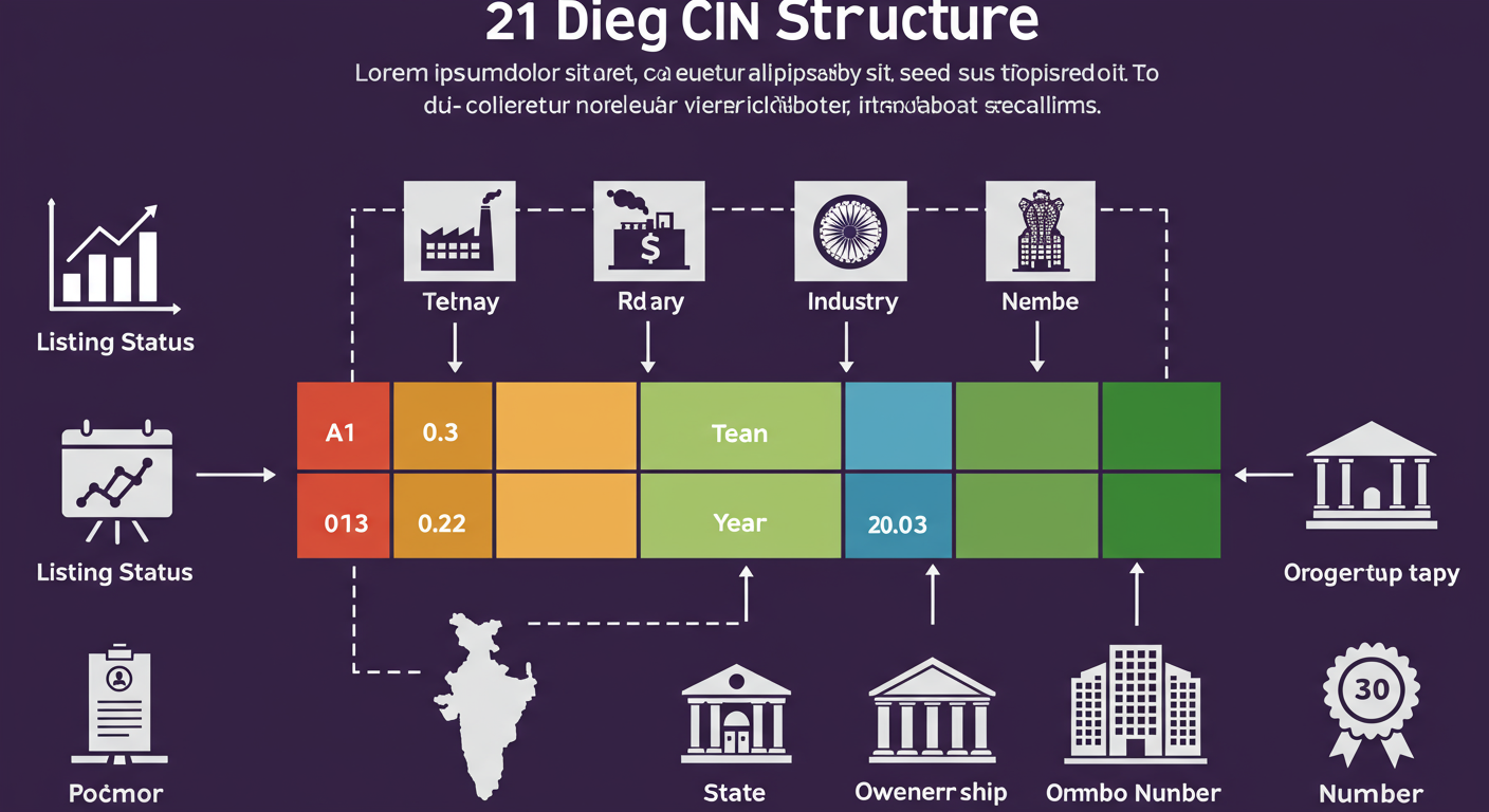 CIN Certificate: Your Company's Complete Guide for 2026 1 CIN Certificate - Detailed infographic visually breaking down the 21-digit CIN structure with icons for each section: a stock market graph for Listing Status, a factory for Industry, a map of India for State, a calendar for Year, a building for Ownership, and a number sign for Registration Number.