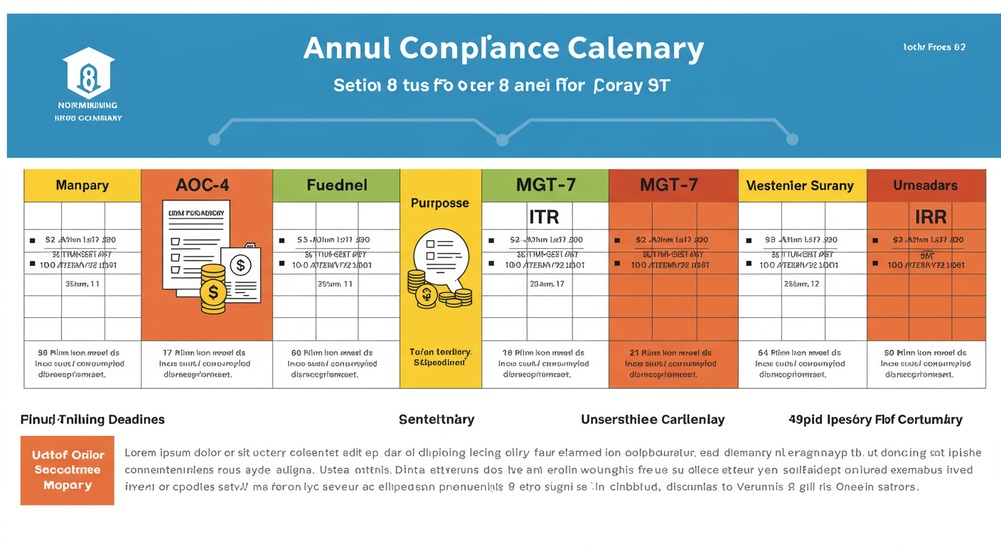 Section 8 Company Registration: The Ultimate 2026 Guide 2 Section 8 Company Registration - Colorful and clean infographic designed as an annual compliance calendar for a Section 8 Company, showing key filing deadlines for AOC-4, MGT-7, and ITR.