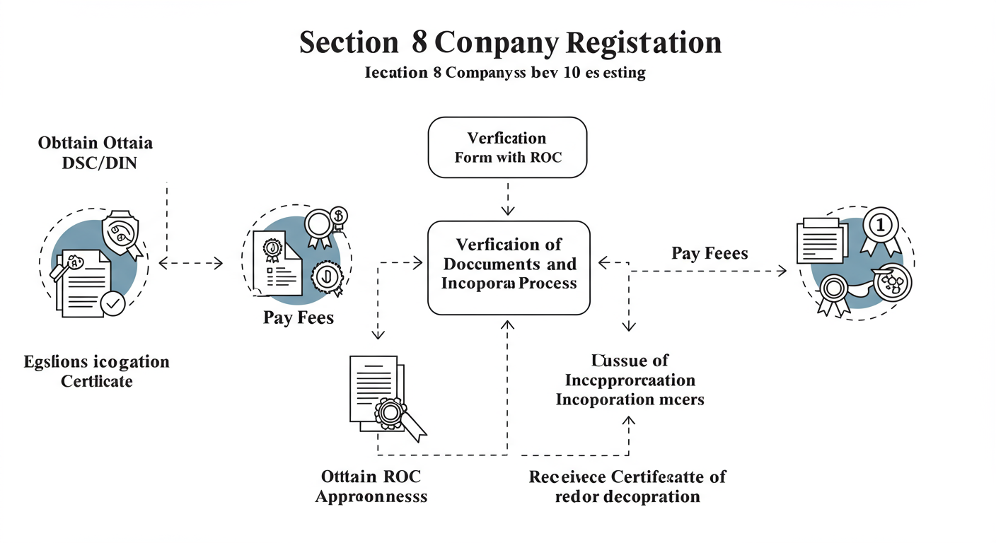 Section 8 Company Registration: The Ultimate 2026 Guide 1 Section 8 Company Registration - Professional minimalist flowchart showing the 7-step workflow for Section 8 Company Registration, starting from 'Obtain DSC/DIN' to 'Receive Certificate of Incorporation'.