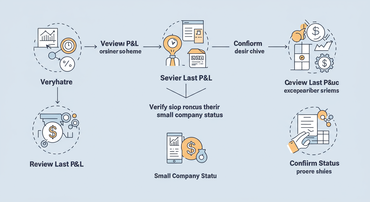 small company definition India - A minimalist flowchart diagram illustrating the step-by-step process for a business owner to verify their small company status, starting with 'Review Last P&L' and ending with 'Confirm Status'.
