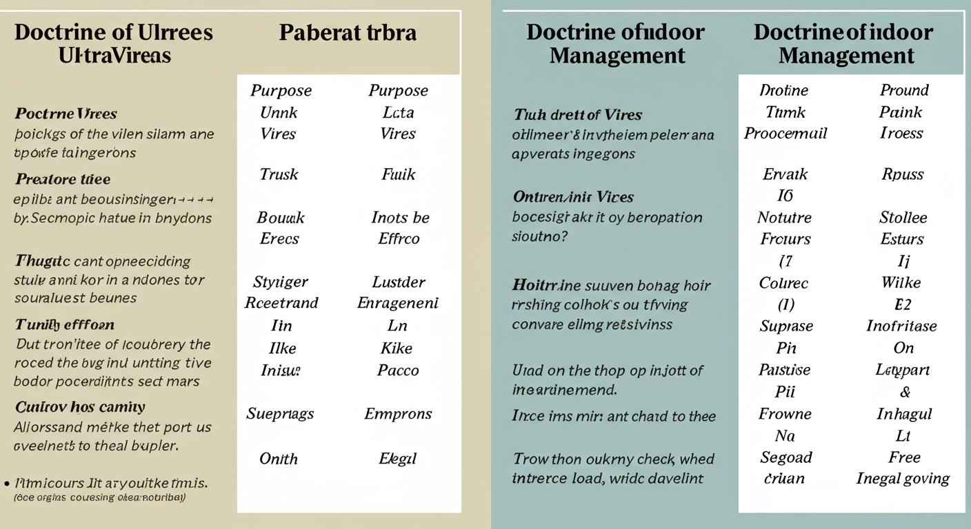 MoA vs AoA: The Definitive Guide for Founders in 2026 2 difference between memorandum of association and article of association - A detailed comparison table as a high-quality graphic, visually contrasting the 'Doctrine of Ultra Vires' and the 'Doctrine of Indoor Management' on key points like purpose, protection, and legal effect.
