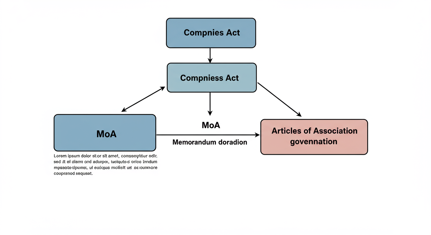 MoA vs AoA: The Definitive Guide for Founders in 2026 1 difference between memorandum of association and article of association - professional minimalist flowchart showing the hierarchical relationship: Companies Act at the top, flowing down to Memorandum of Association (MoA), which flows down to Articles of Association (AoA).