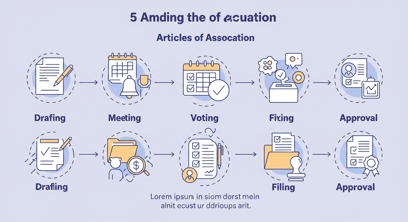 MoA vs AoA: The Definitive Guide for Founders in 2026 3 difference between memorandum of association and article of association - A clean, step-by-step diagram illustrating the 5-step process for amending the Articles of Association, with icons for each stage: 'Drafting', 'Meeting Notice', 'Voting', 'Filing', and 'Approval'.