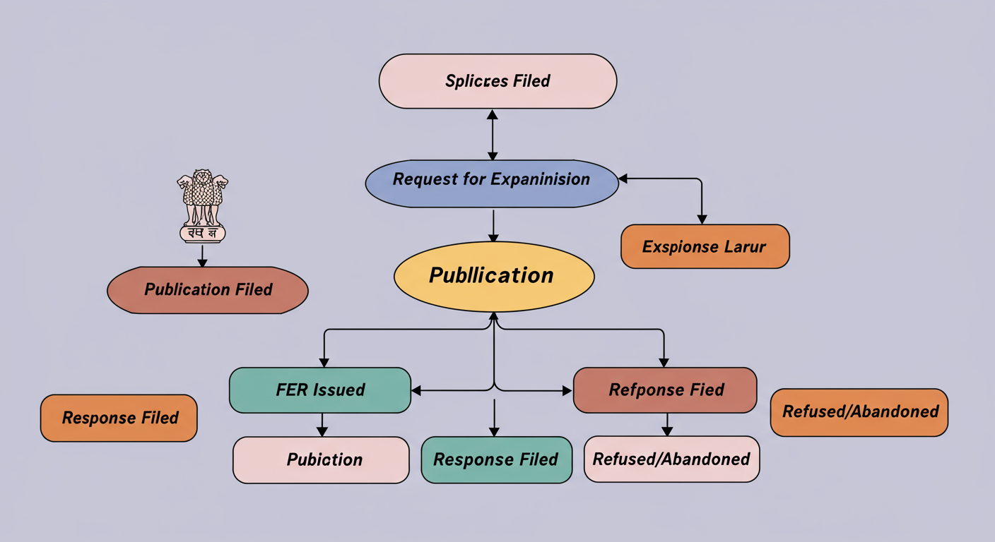 Indian Patent Application Status: The Ultimate 2026 Guide 2 Indian patent application status - Professional minimalist flowchart showing the Indian patent application lifecycle. Start with 'Application Filed', branch to 'Request for Examination', then 'Publication', 'Examination', 'FER Issued', 'Response Filed', and finally split into 'Granted' or 'Refused/Abandoned'.