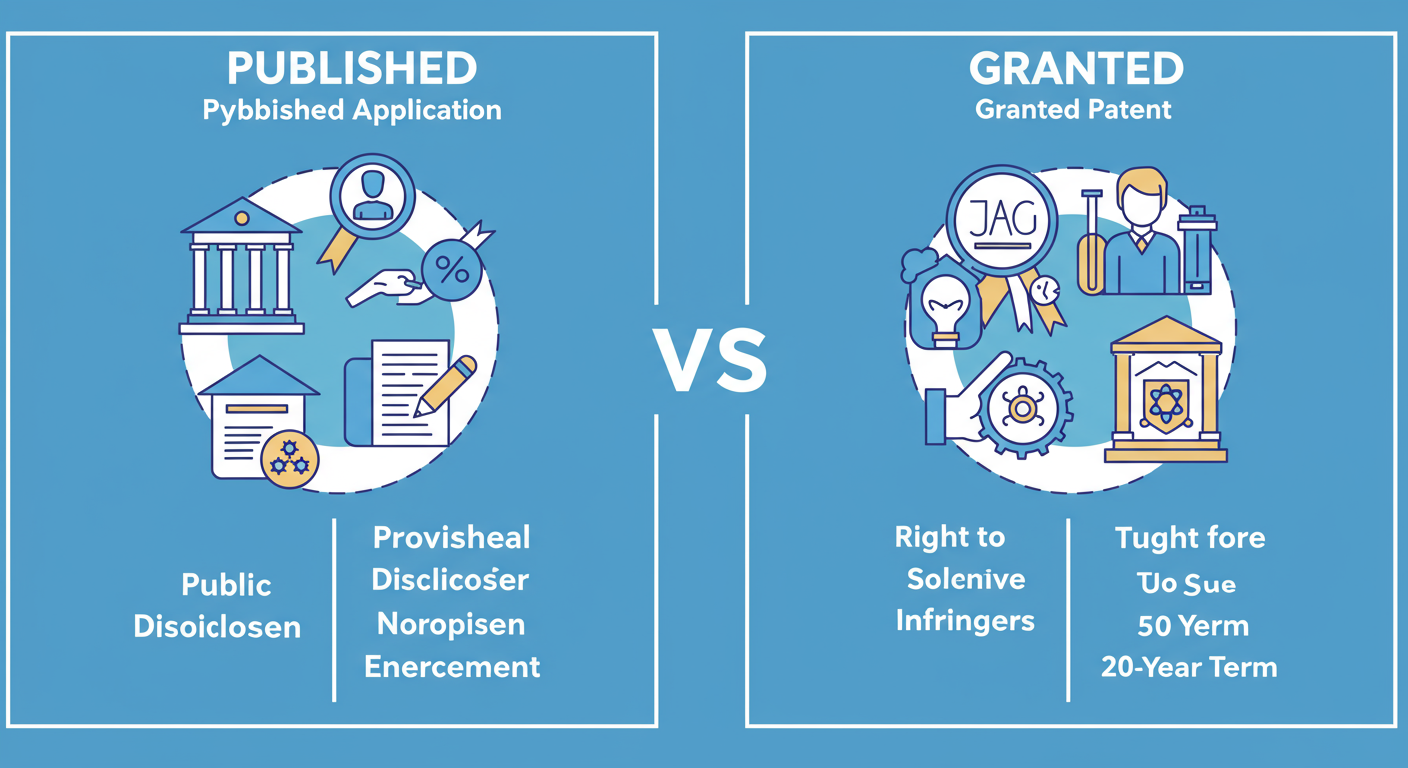 Indian Patent Application Status: The Ultimate 2026 Guide 3 Indian patent application status - Educational infographic comparing the key differences between a 'Published Application' and a 'Granted Patent'. Use two columns with icons. Left column (Published): 'Provisional Rights', 'Public Disclosure', 'No Enforcement'. Right column (Granted): 'Full Exclusive Rights', 'Right to Sue Infringers', '20-Year Term'.