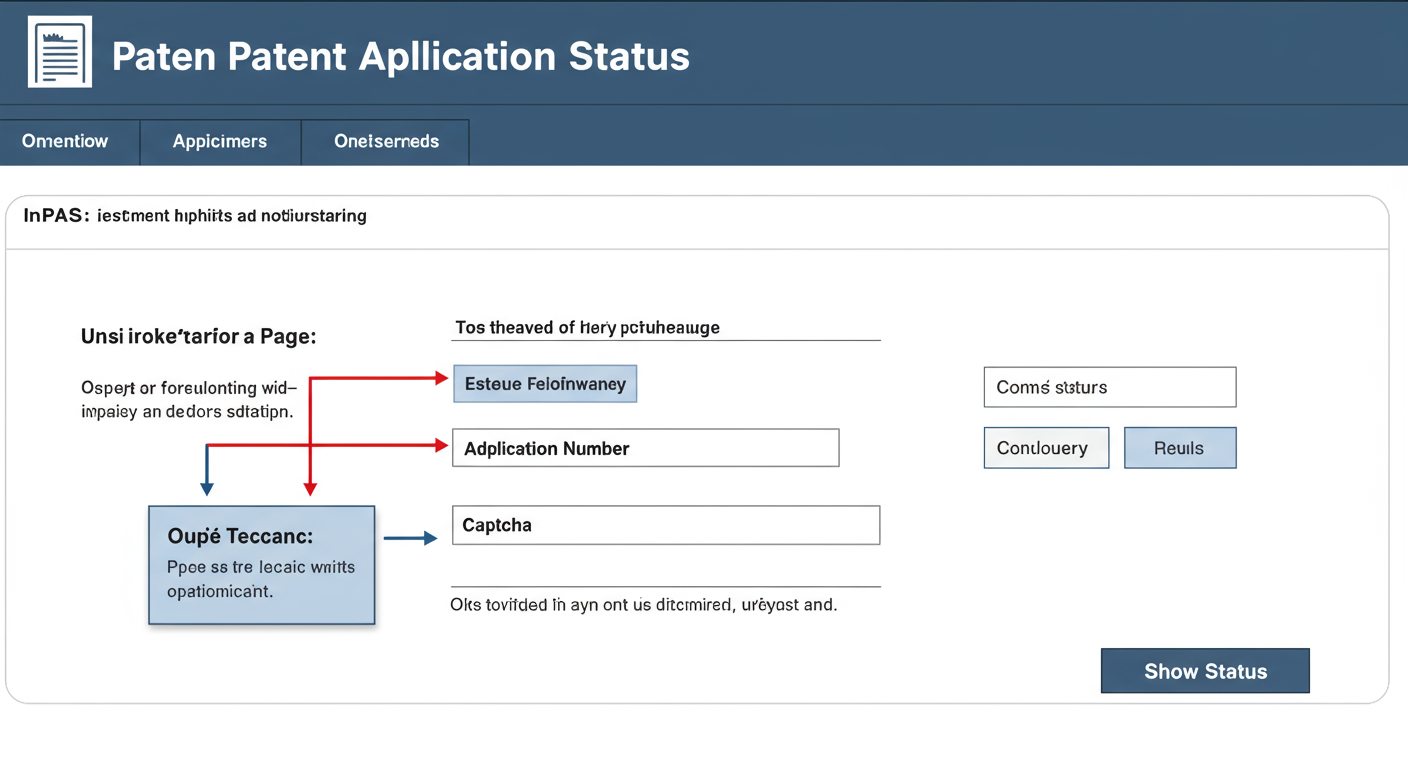Indian Patent Application Status: The Ultimate 2026 Guide 1 Indian patent application status - Detailed diagram of the inPASS "Patent Application Status" page, with arrows pointing to the 'Application Number' field, the 'Captcha' field, and the 'Show Status' button. Use callout boxes to highlight each element.