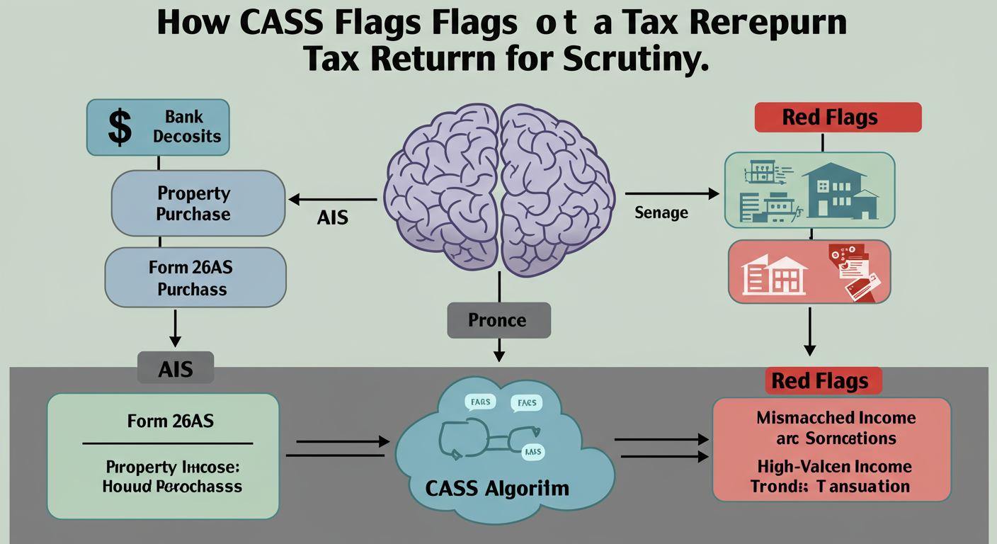Income Tax Scrutiny Assessment 2026: A Step-by-Step Guide 1 Income Tax Scrutiny Assessment - Educational infographic titled 'How CASS Flags a Tax Return for Scrutiny'. The graphic should show data inputs on the left (Bank Deposits, Property Purchases, Form 26AS, AIS) feeding into a central 'CASS Algorithm' brain, which then outputs 'Red Flags' on the right (e.g., Mismatched Income, High-Value Transactions).