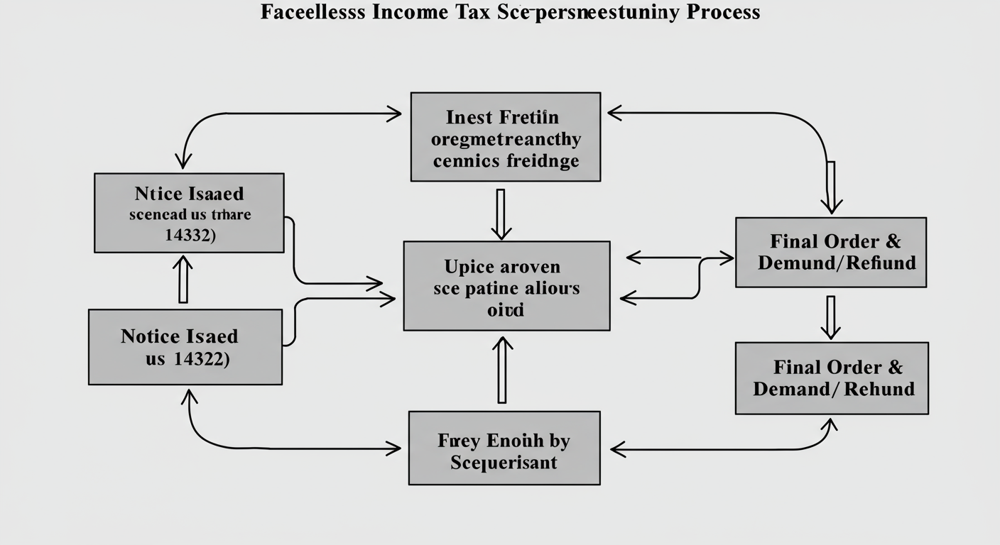 Income Tax Scrutiny Assessment 2026: A Step-by-Step Guide 2 Income Tax Scrutiny Assessment - Professional minimalist flowchart showing the 7-step faceless income tax scrutiny process. Each step should be a clean box connected by arrows, starting with 'Notice Issued u/s 143(2)' and ending with 'Final Order & Demand/Refund'.