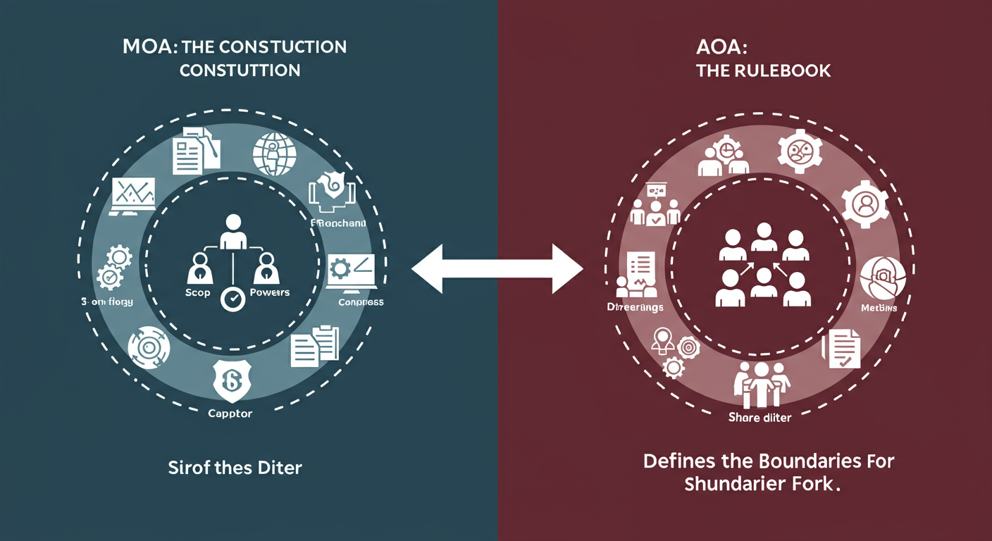 difference between MOA and AOA - Professional infographic with two columns. Left column titled 'MOA: The Constitution' with icons for scope, powers, capital. Right column titled 'AOA: The Rulebook' with icons for meetings, director duties, shareholder rights. A large arrow points from MOA to AOA, labeled 'Defines the Boundaries For'.