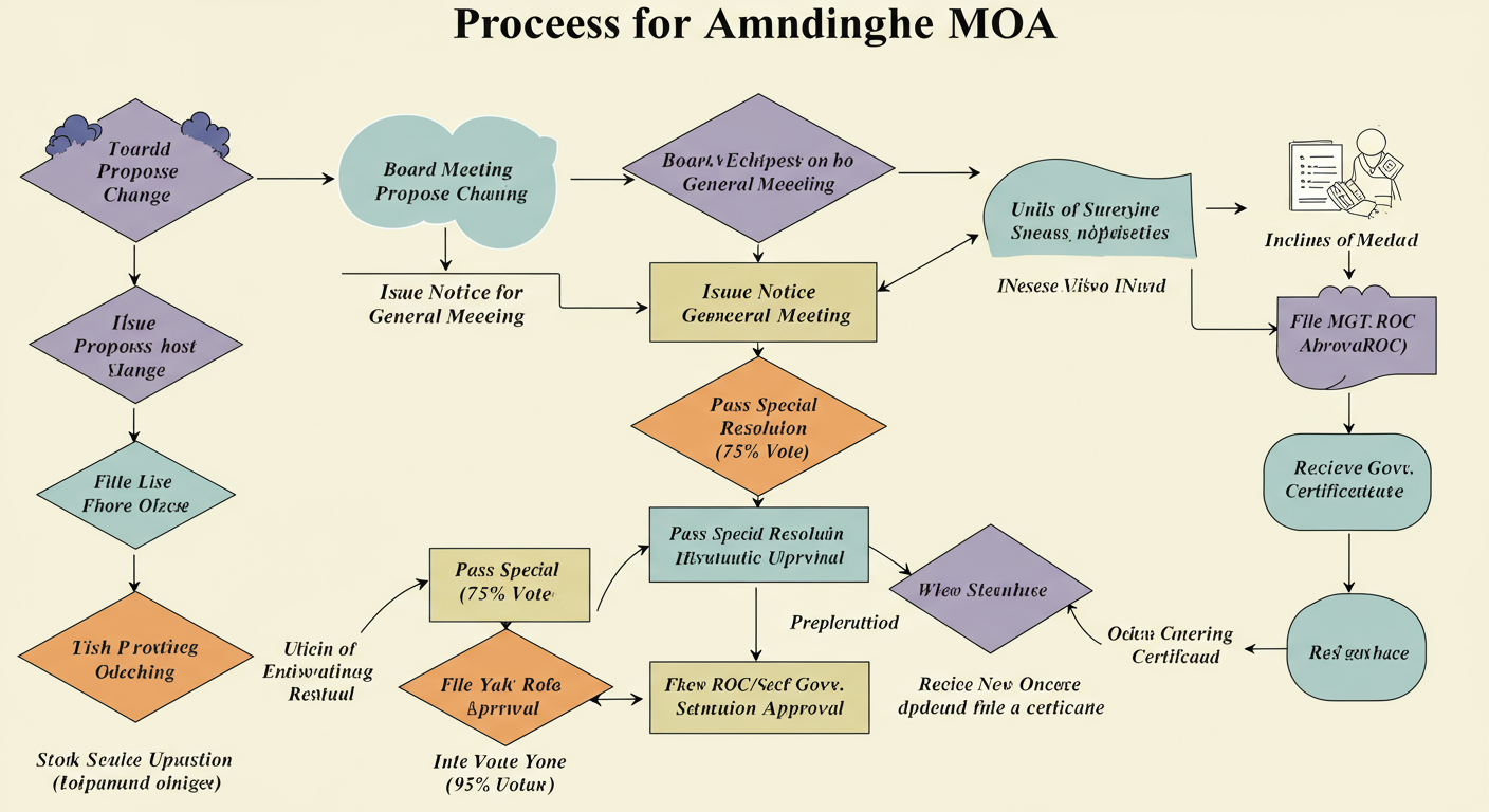 difference between MOA and AOA - A professional flowchart diagram illustrating the 'Process for Amending the MOA'. Steps include: 1. Board Meeting to Propose Change. 2. Issue Notice for General Meeting. 3. Pass Special Resolution (75% Vote). 4. File MGT-14 with ROC. 5. Obtain ROC/Govt. Approval. 6. Receive New Certificate.