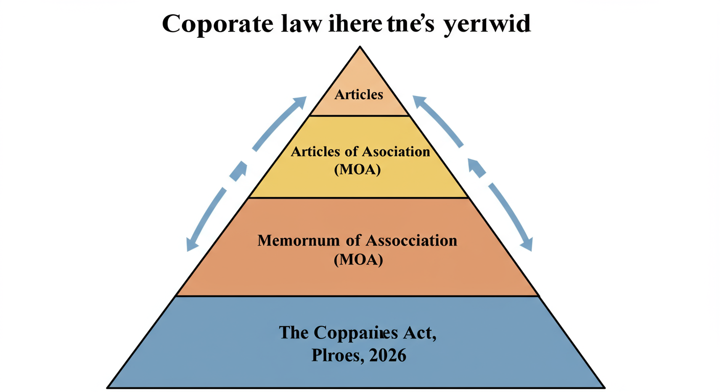 difference between MOA and AOA - A simple, clean pyramid diagram showing the hierarchy of corporate law. The base is 'The Companies Act, 2026', the middle layer is 'Memorandum of Association (MOA)', and the top, smallest layer is 'Articles of Association (AOA)'. Arrows show that each layer must comply with the one below it.