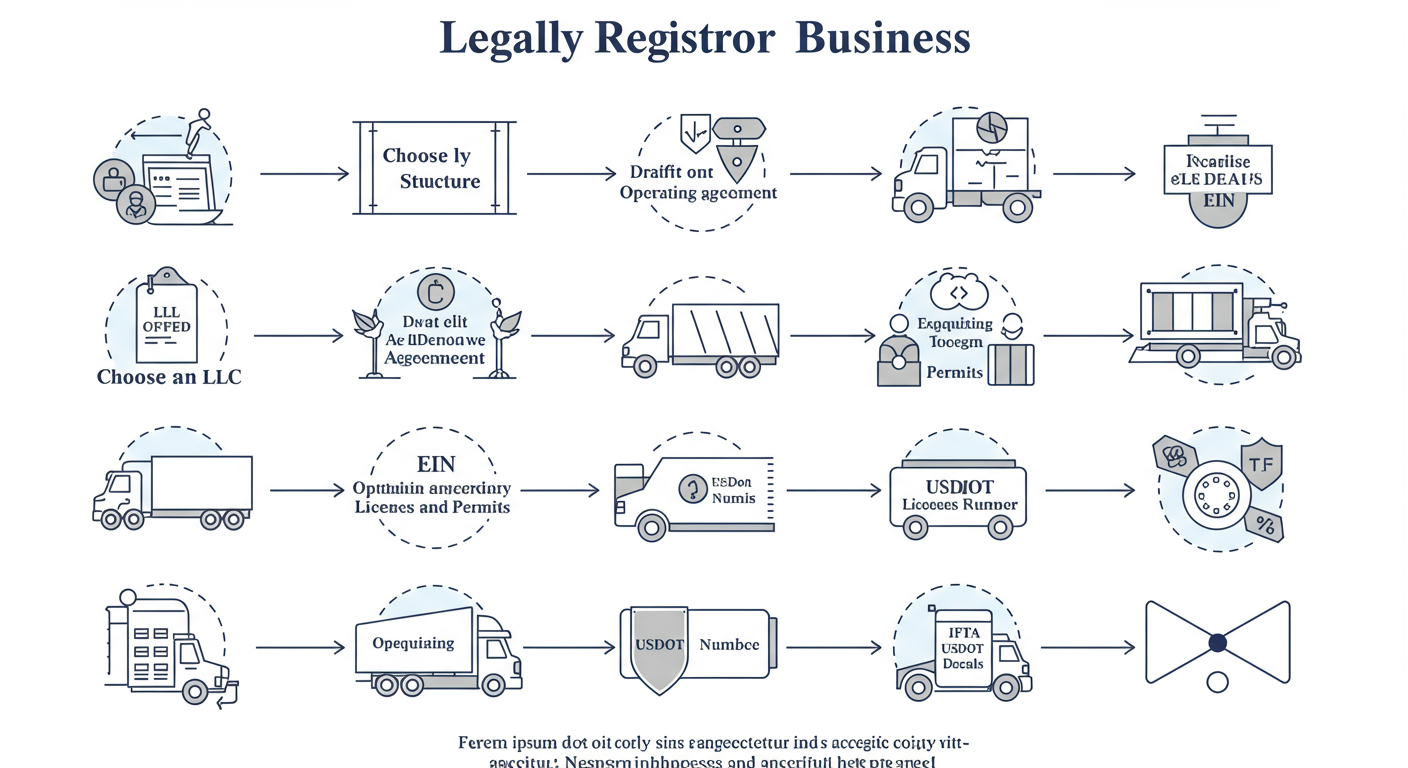 start a transport business - Professional minimalist flowchart showing the step-by-step process of legally registering a transport business, from choosing an LLC to getting a USDOT number and IFTA decals.