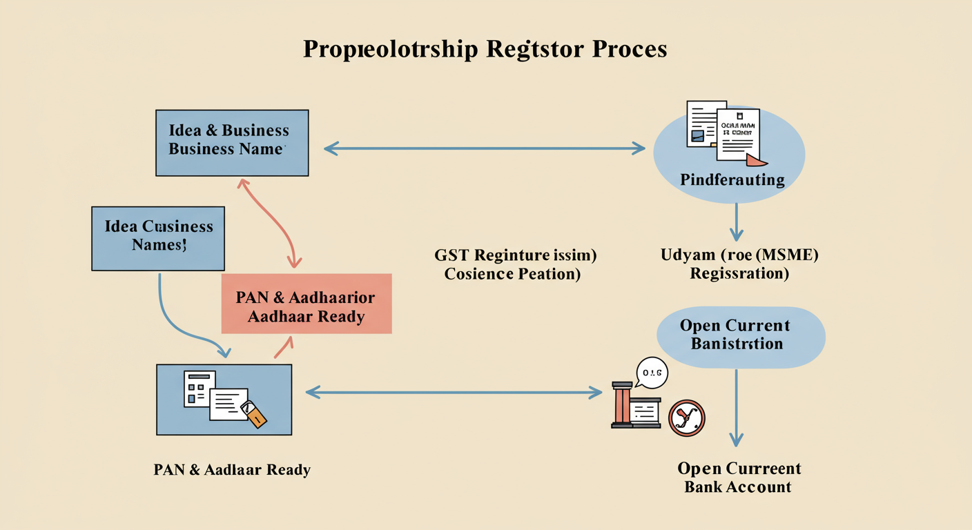 Proprietorship Firm Registration in 2026: A 5-Minute Guide 1 proprietorship firm registration - A minimalist flowchart diagram illustrating the proprietorship registration process. It starts with a box 'Idea & Business Name'. An arrow points to 'PAN & Aadhaar Ready'. From there, two main paths branch out: 'GST Registration' and 'Udyam (MSME) Registration'. Both paths converge into a final box: 'Open Current Bank Account'.