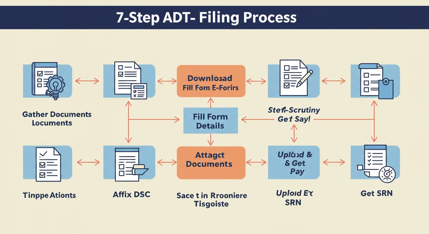 ADT-1 Filing: The Ultimate Guide to Appointing an Auditor (2026) 2 ADT-1 Filing - Clean, minimalist flowchart diagram illustrating the '7-Step ADT-1 Filing Process'. Each step should be a clearly labeled box: 1. Gather Documents -> 2. Download E-Form -> 3. Fill Form Details -> 4. Attach Documents -> 5. Affix DSC -> 6. Pre-Scrutiny & Pay -> 7. Upload & Get SRN.