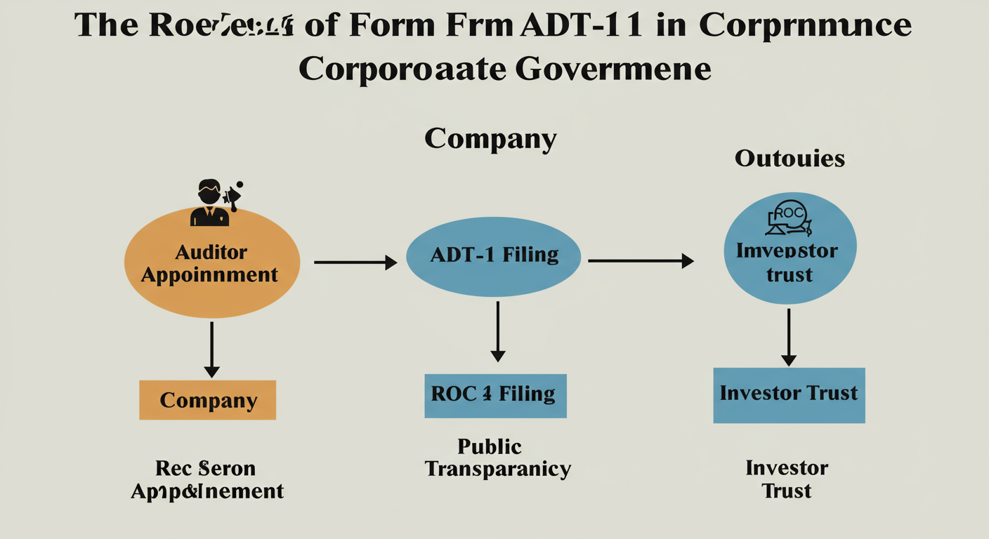 ADT-1 Filing: The Ultimate Guide to Appointing an Auditor (2026) 1 ADT-1 Filing - Professional infographic titled 'The Role of Form ADT-1 in Corporate Governance'. The infographic should show a central icon for 'Company' connecting to 'Auditor Appointment', which then flows to 'ADT-1 Filing', leading to three outcomes: 'ROC Notification', 'Public Transparency', and 'Investor Trust'.