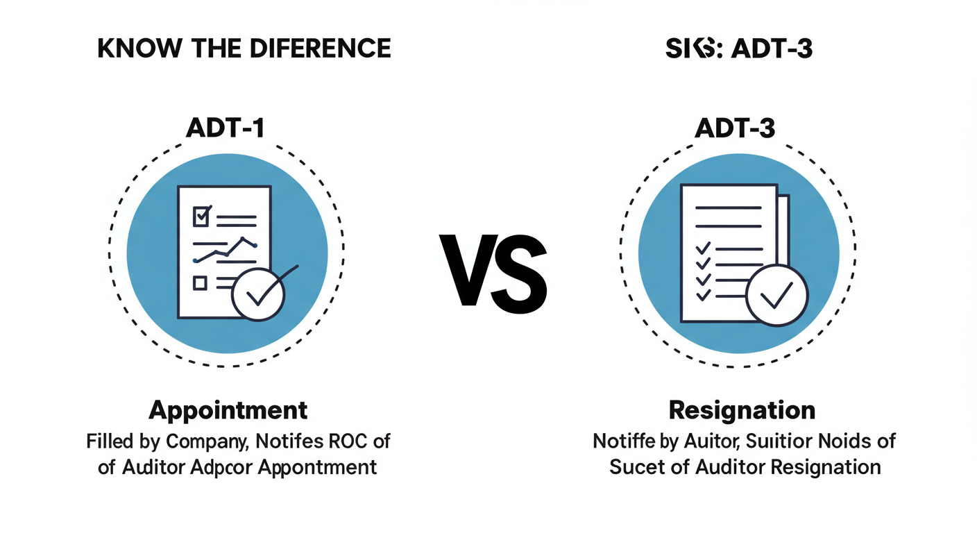 ADT-1 Filing: The Ultimate Guide to Appointing an Auditor (2026) 3 ADT-1 Filing - A dramatic comparison graphic titled 'ADT-1 vs. ADT-3: Know the Difference'. On the left, an icon for 'Appointment' with text 'ADT-1: Filed by Company, Notifies ROC of Auditor Appointment'. On the right, an icon for 'Resignation' with text 'ADT-3: Filed by Auditor, Notifies ROC of Auditor Resignation'.