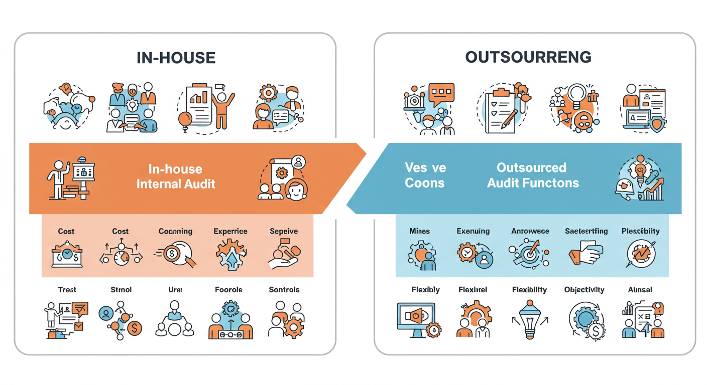 internal audit applicability - Professional comparison chart graphic visualizing the pros and cons of In-house vs. Outsourced internal audit, using icons and a clean, modern layout.