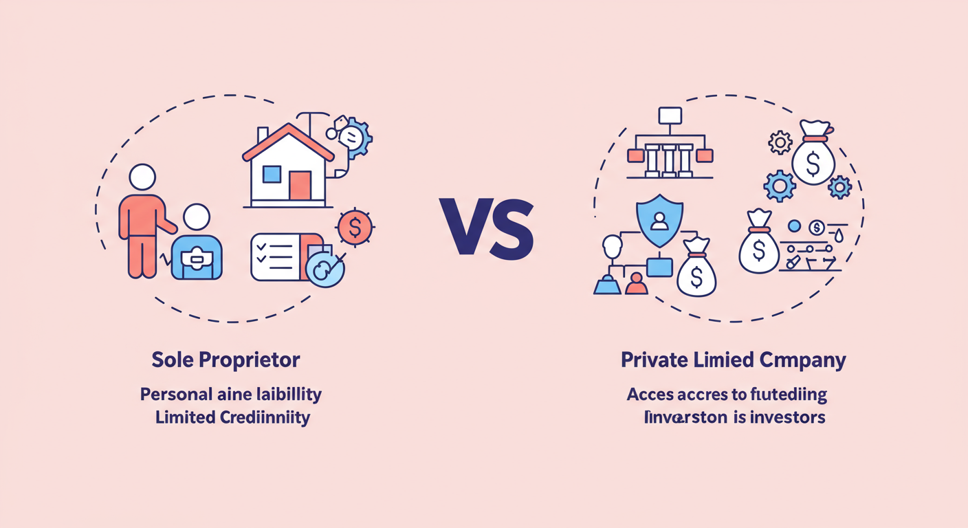 Company Registration in India 2026: A Founder's Guide 1 Company Registration in India - High-quality graphic comparing a Sole Proprietor (personal assets exposed, low credibility) vs. a Private Limited Company (personal assets protected, high credibility, fundable) with clear icons and minimalist design.