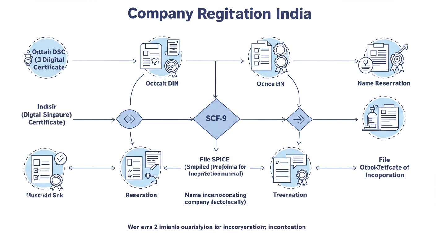 Company Registration in India 2026: A Founder's Guide 2 Company Registration in India - Professional minimalist flowchart showing the 7-step workflow of company registration in India, starting from 'Obtain DSC' and ending with 'File INC-20A'.