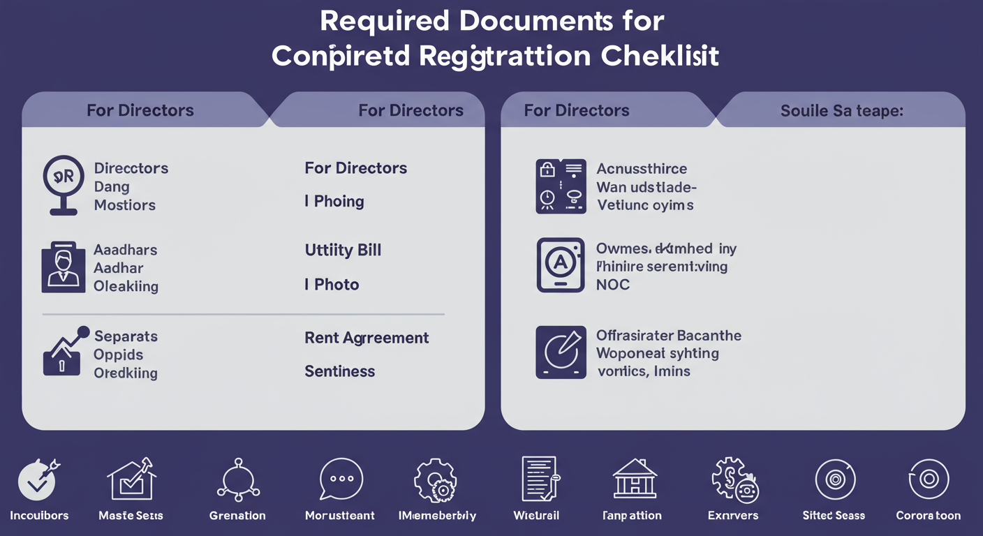 Company Registration in India 2026: A Founder's Guide 3 Company Registration in India - Educational infographic checklist of required documents for company registration in India. Split into 'For Directors' (PAN, Aadhar, Photo) and 'For Registered Office' (Utility Bill, Rent Agreement, NOC) with clear icons.