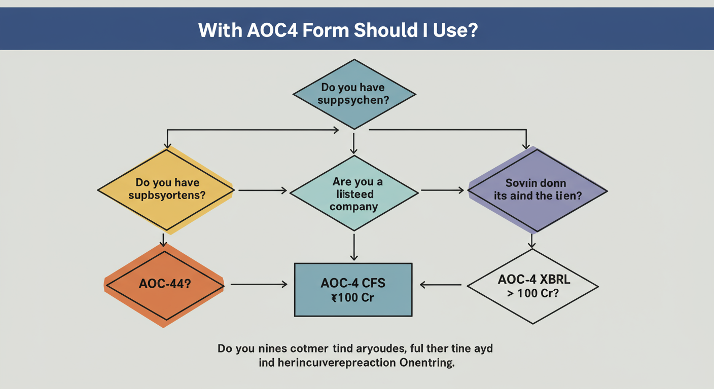 Form AOC 4 filing - Professional minimalist flowchart titled 'Which AOC-4 Form Should I Use?' with decision diamonds for 'Do you have subsidiaries?', 'Are you a listed company?', 'Is your turnover > ₹100 Cr?', leading to boxes for AOC-4, AOC-4 CFS, and AOC-4 XBRL.