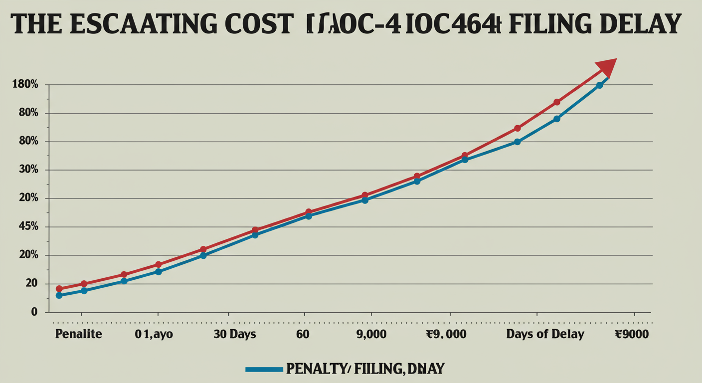 Form AOC 4 filing - A dramatic data trend graph titled 'The Escalating Cost of AOC-4 Filing Delay' showing a line chart where the Y-axis is 'Penalty in Rupees' and the X-axis is 'Days of Delay (0, 30, 60, 90, 180)'. The line should rise steeply, with callouts at each point showing the total penalty (e.g., '90 Days = ₹9,000').