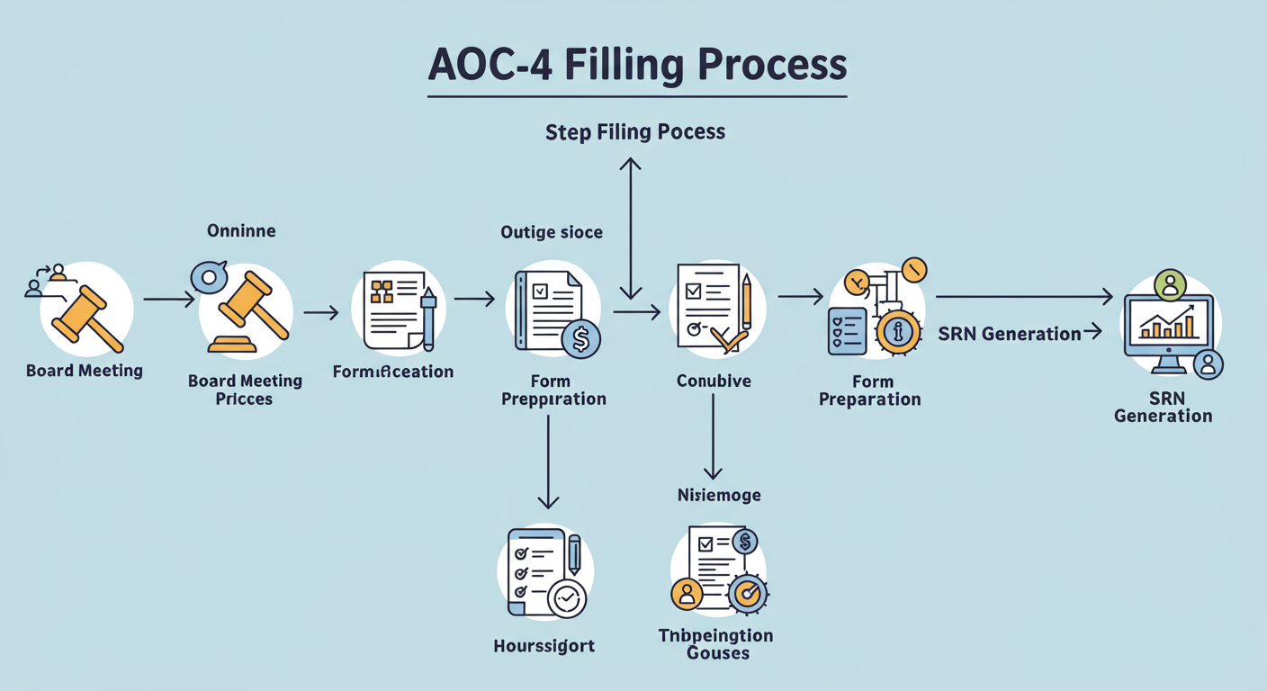 Form AOC 4 filing - A clean, step-by-step diagram illustrating the 10-step AOC-4 filing process, from 'Board Meeting' to 'SRN Generation', with icons for each stage.