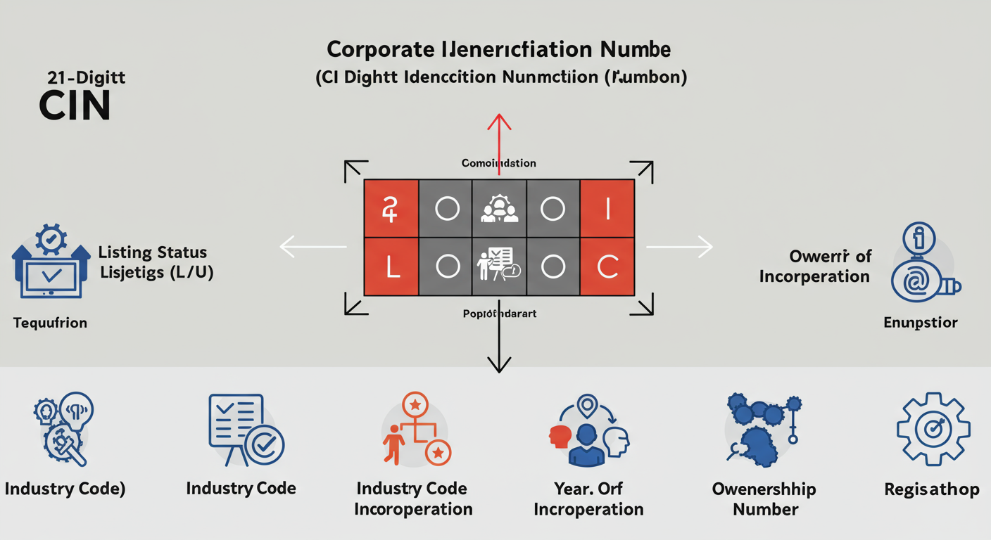 How to View Company Master Data in India (2026 Pro Guide) 3 view company master data - Educational infographic explaining the 21-digit Corporate Identification Number (CIN). Break down the code into its components: Listing Status (L/U), Industry Code, State Code, Year of Incorporation, Ownership Type, and Registration Number, with visual icons for each part.