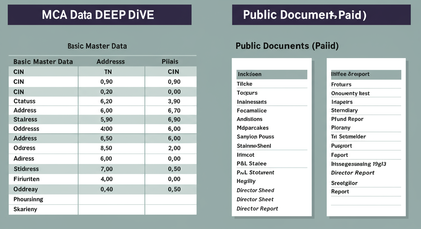 How to View Company Master Data in India (2026 Pro Guide) 2 view company master data - Detailed comparison table as a high-quality graphic, titled 'MCA Data Deep Dive'. Left side shows 'Basic Master Data' with items like CIN, Status, Address. Right side shows 'Public Documents (Paid)' with items like Full Shareholder List, P&L Statement, Balance Sheet, Director's Report.