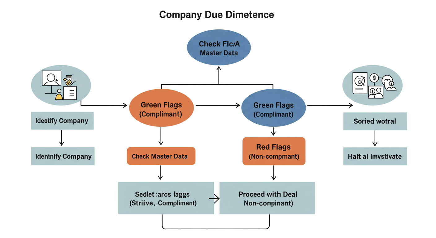 How to View Company Master Data in India (2026 Pro Guide) 1 view company master data - professional minimalist flowchart showing the workflow of company due diligence, starting with 'Identify Company', leading to 'Check MCA Master Data', branching to 'Green Flags (Active, Compliant)' and 'Red Flags (Struck Off, Non-compliant)', and ending with 'Proceed with Deal' or 'Halt and Investigate'.