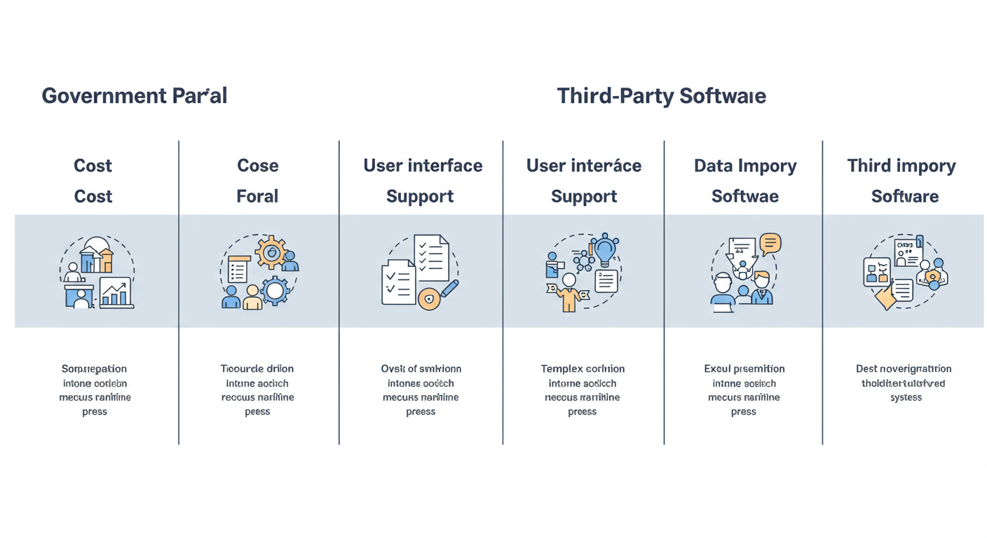 E filing - Detailed comparison table as a high-quality graphic, comparing 'Government Portal' vs. 'Third-Party Software' on features like Cost, User Interface, Support, Complex Scenarios, and Data Import.
