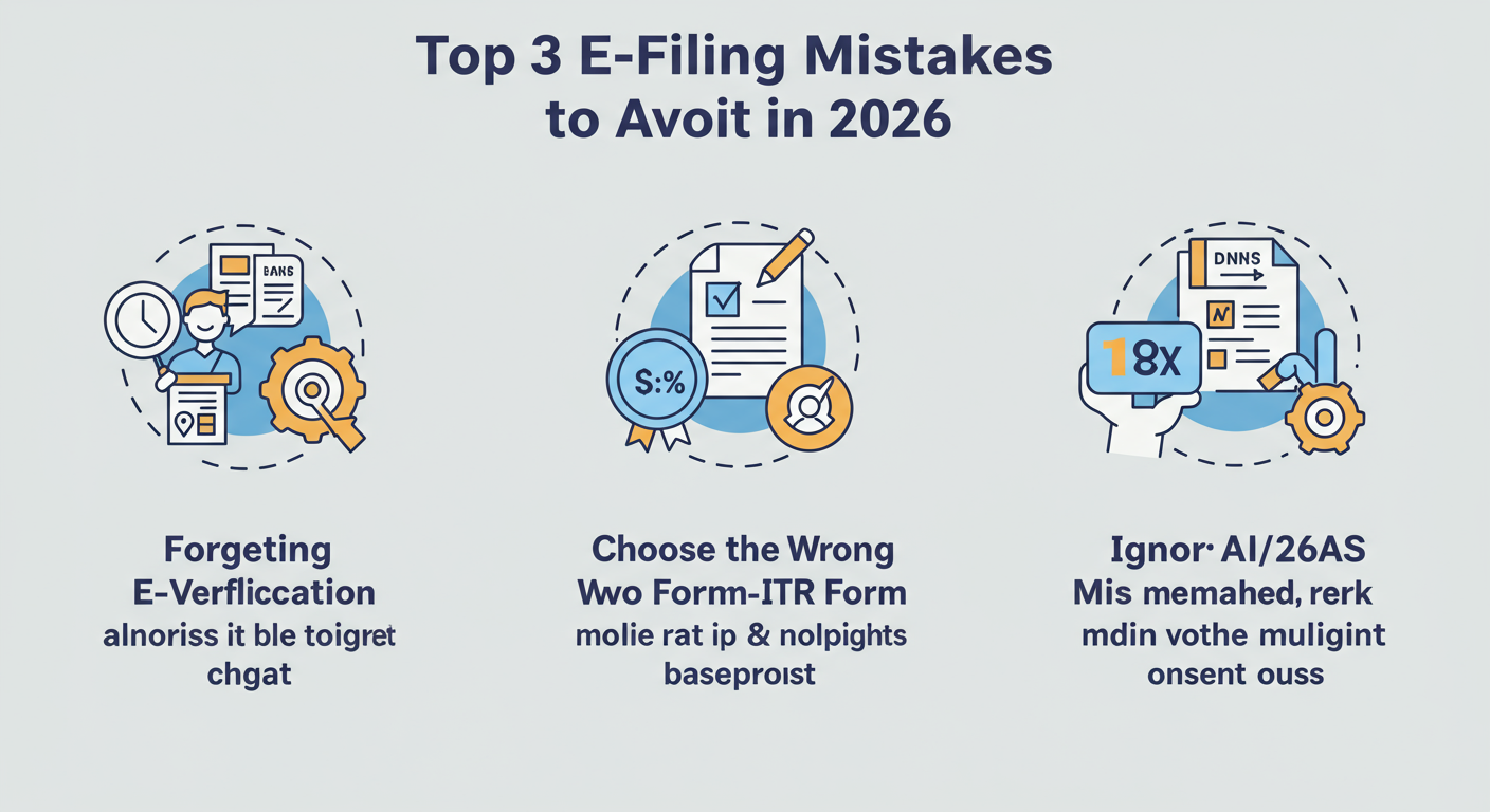 E filing - Educational infographic titled 'Top 3 E-Filing Mistakes to Avoid in 2026'. It should visually represent 'Forgetting E-Verification', 'Choosing the Wrong ITR Form', and 'Ignoring AIS/26AS Mismatches' with simple icons and short text.