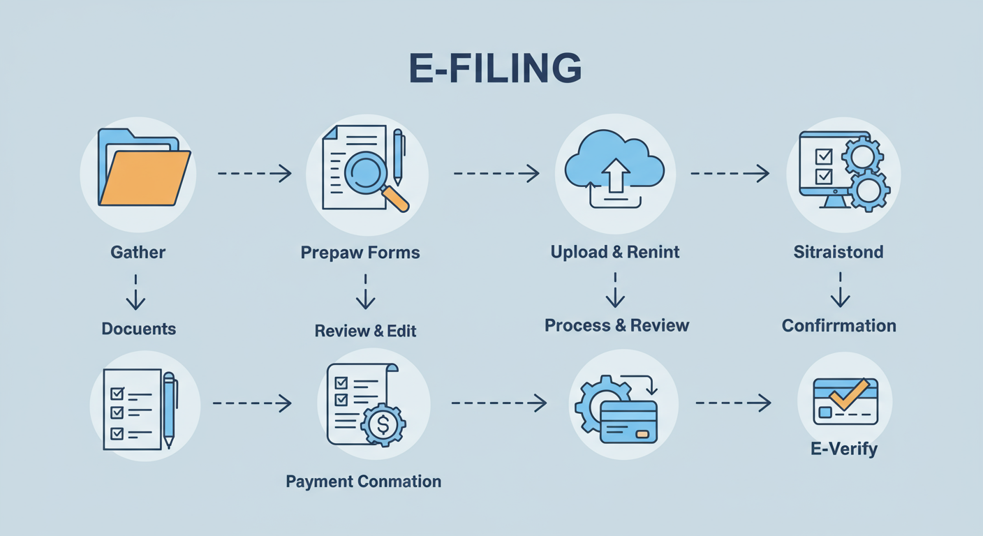 E filing - Professional minimalist flowchart showing the 7-step e-filing workflow, from 'Gather Documents' to 'E-Verify'. Each step is a clear, icon-based node.