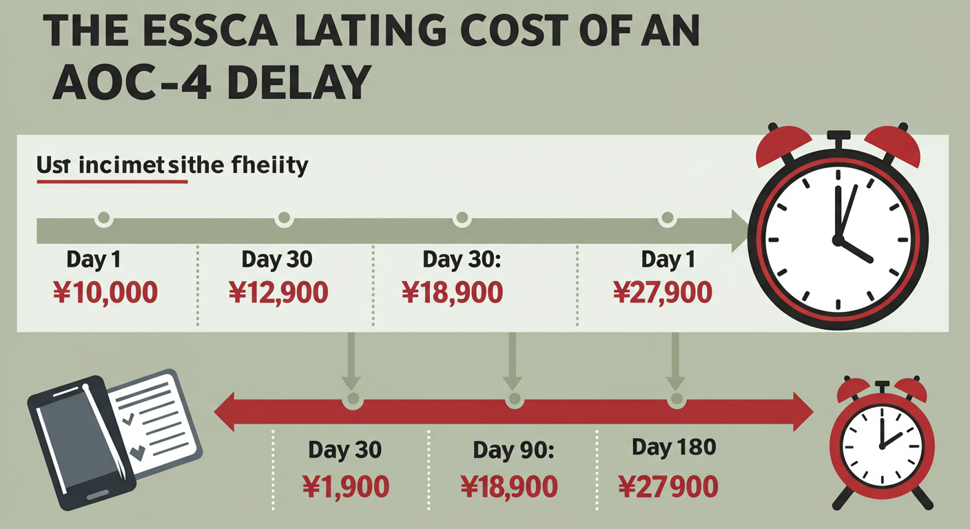 AOC 4 Due Date 2026: The Definitive Guide to Filing & Penalties 2 AOC 4 due date - Educational infographic titled 'The Escalating Cost of an AOC-4 Delay'. Show a timeline with Day 1: ₹10,000 penalty. Day 30: ₹12,900. Day 90: ₹18,900. Day 180: ₹27,900. Use bold graphics and a 'ticking clock' icon.
