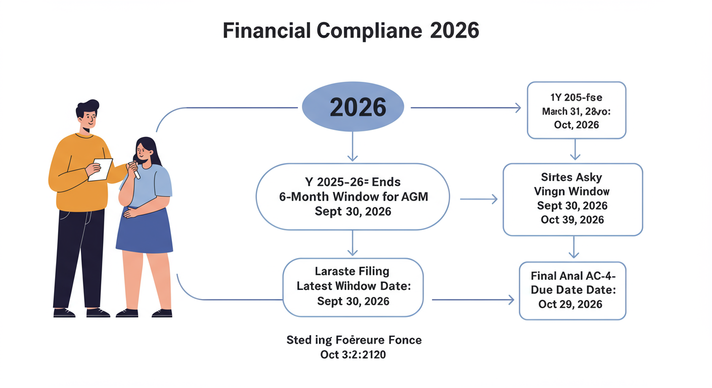 AOC 4 Due Date 2026: The Definitive Guide to Filing & Penalties 1 AOC 4 due date - Professional minimalist flowchart showing the financial compliance timeline for 2026. Start with 'FY 2025-26 Ends: March 31, 2026' -> '6-Month Window for AGM' -> 'Latest AGM Date: Sept 30, 2026' -> '30-Day Filing Window' -> 'Final AOC-4 Due Date: Oct 29, 2026'.