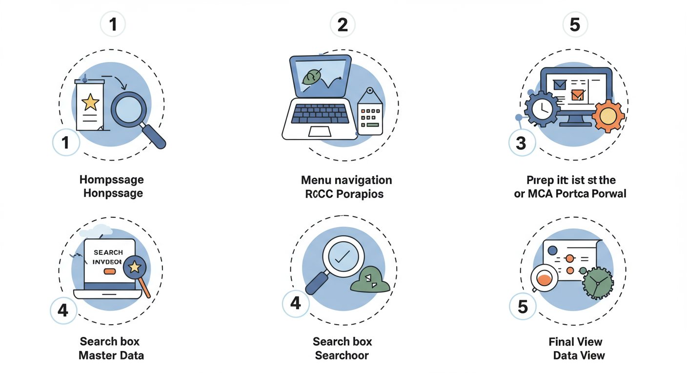 ROC Master Data: Your 2026 Guide to Verifying Company Details 2 ROC master data - A clean, step-by-step diagram illustrating the 5 steps to access ROC Master Data on the MCA portal, with screenshots for each step: 1. Homepage, 2. Menu navigation, 3. Search box, 4. CAPTCHA, 5. Final data view.