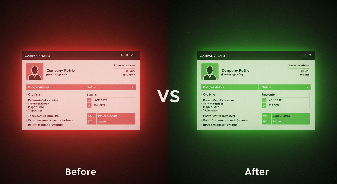 ROC Master Data: Your 2026 Guide to Verifying Company Details 3 ROC master data - A high-quality graphic comparing two company profiles side-by-side. The 'Before' profile is red-tinted, showing 'Active (Non-compliant)' status and old dates. The 'After' profile is green-tinted, showing 'Active' status and updated 2026 dates, visually representing the positive change.