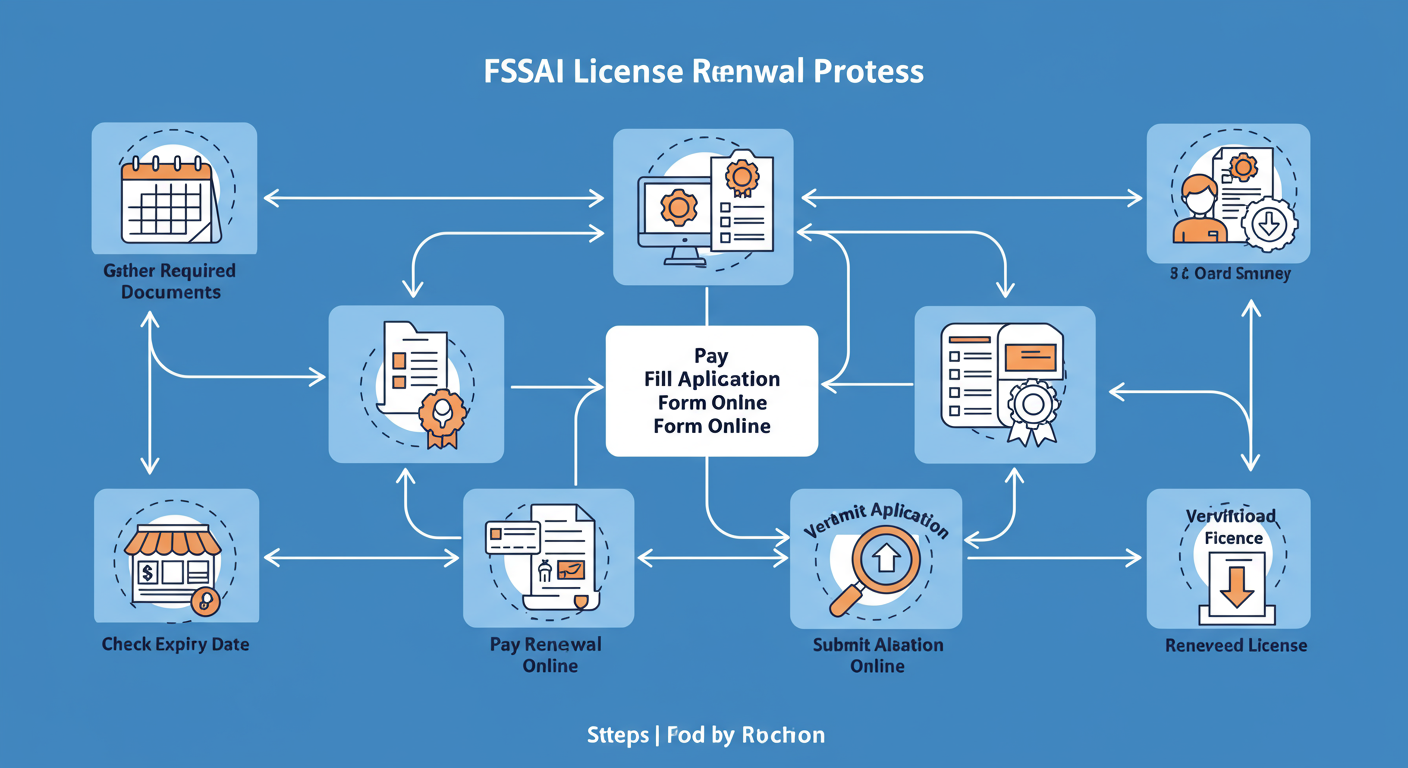 Food licence renewal - A clean flowchart diagram illustrating the 7-step FSSAI food licence renewal process, from 'Check Expiry Date' to 'Download Renewed License', with icons for each step.