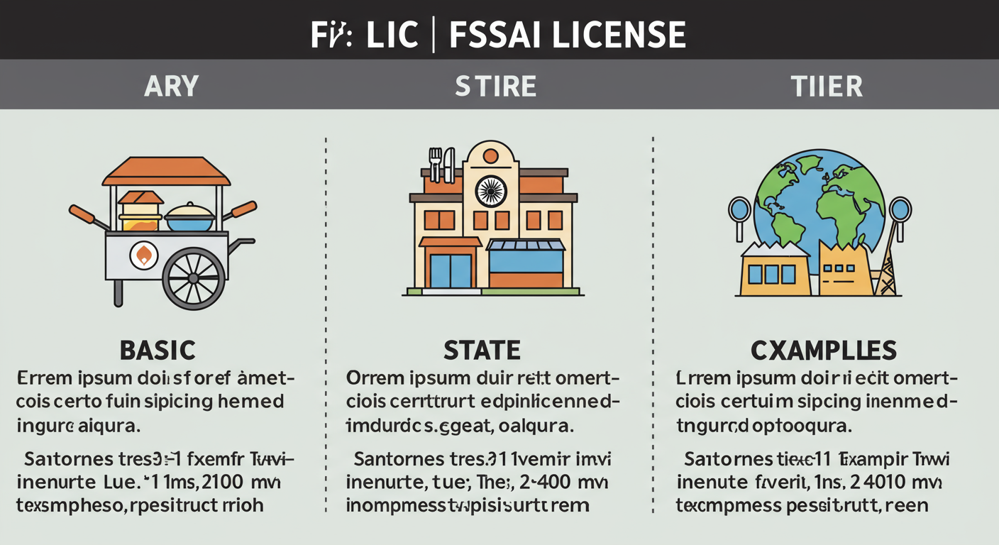 Food licence renewal - Educational infographic showing the three tiers of FSSAI licenses. Use icons for 'Basic' (a food cart), 'State' (a restaurant building), and 'Central' (a factory/globe). Clearly list the turnover limits and examples for each tier.