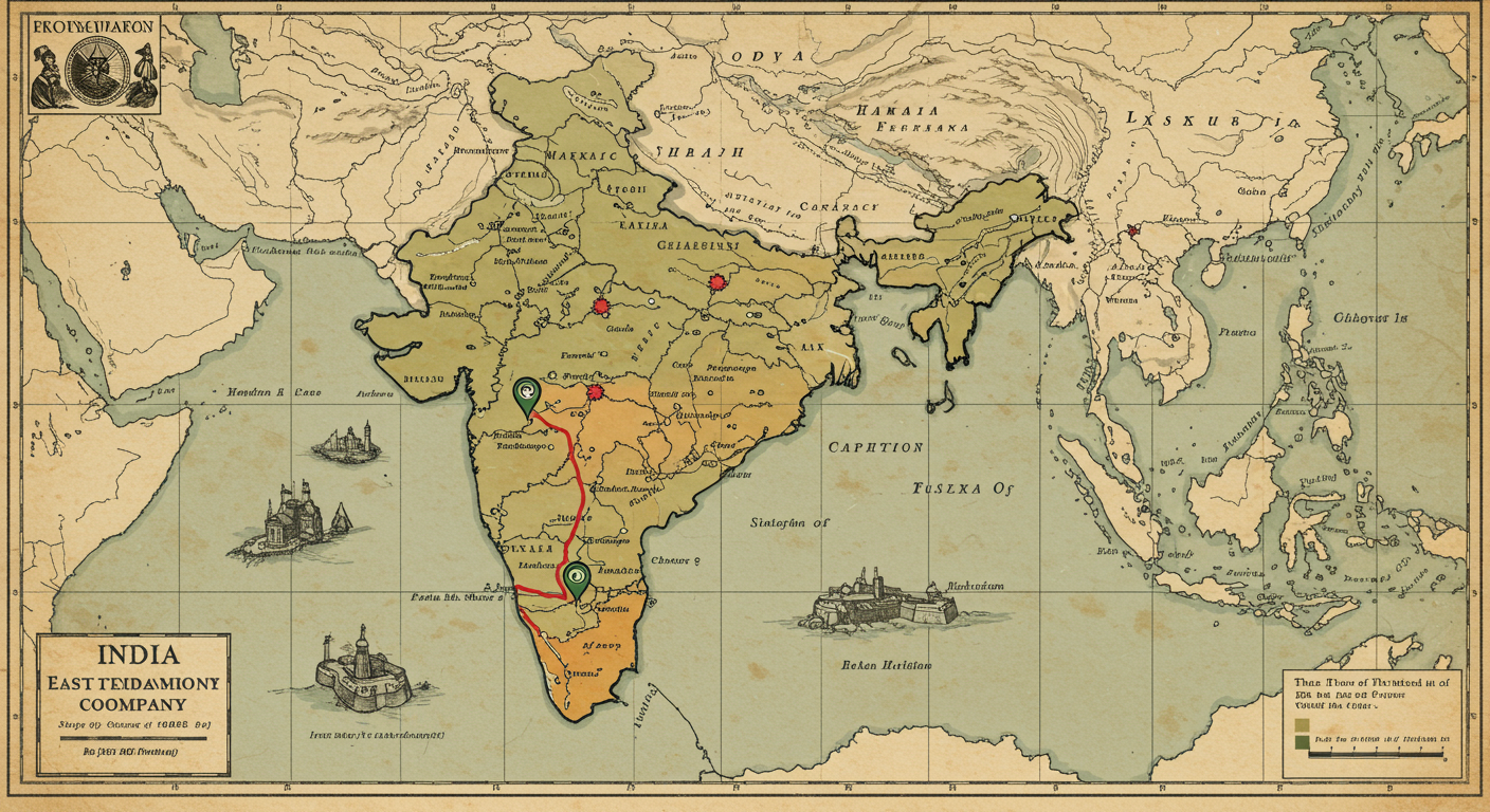 EIC Full Form 2026: From Colonial Empire to Modern Trade 1 EIC full form - A vintage-style, animated map infographic showing the gradual expansion of the East India Company's territory in India from 1650 to 1857.