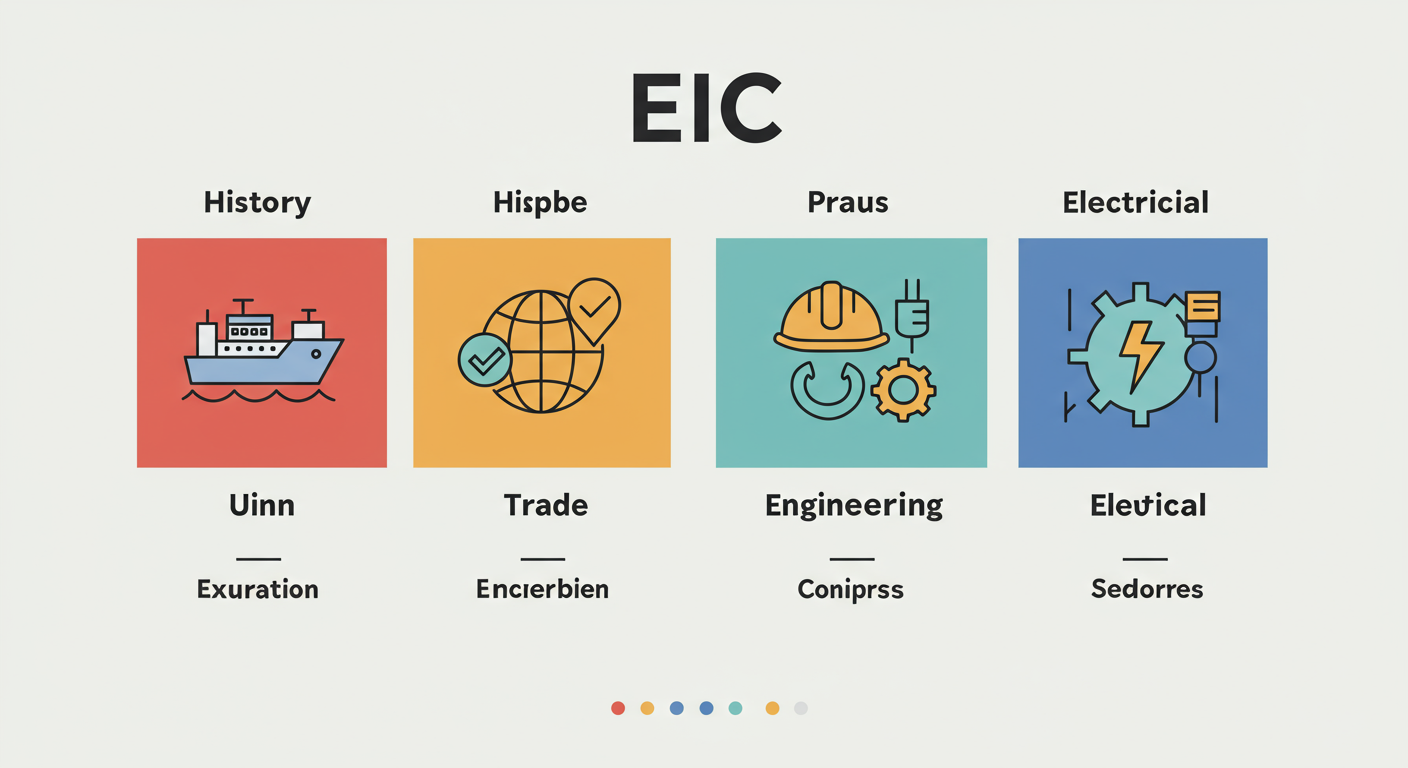 EIC Full Form 2026: From Colonial Empire to Modern Trade 3 EIC full form - A clean, modern infographic visually representing the different meanings of EIC, with icons for 'History' (a ship), 'Trade' (a globe with a checkmark), 'Engineering' (a hard hat), and 'Electrical' (a lightning bolt).