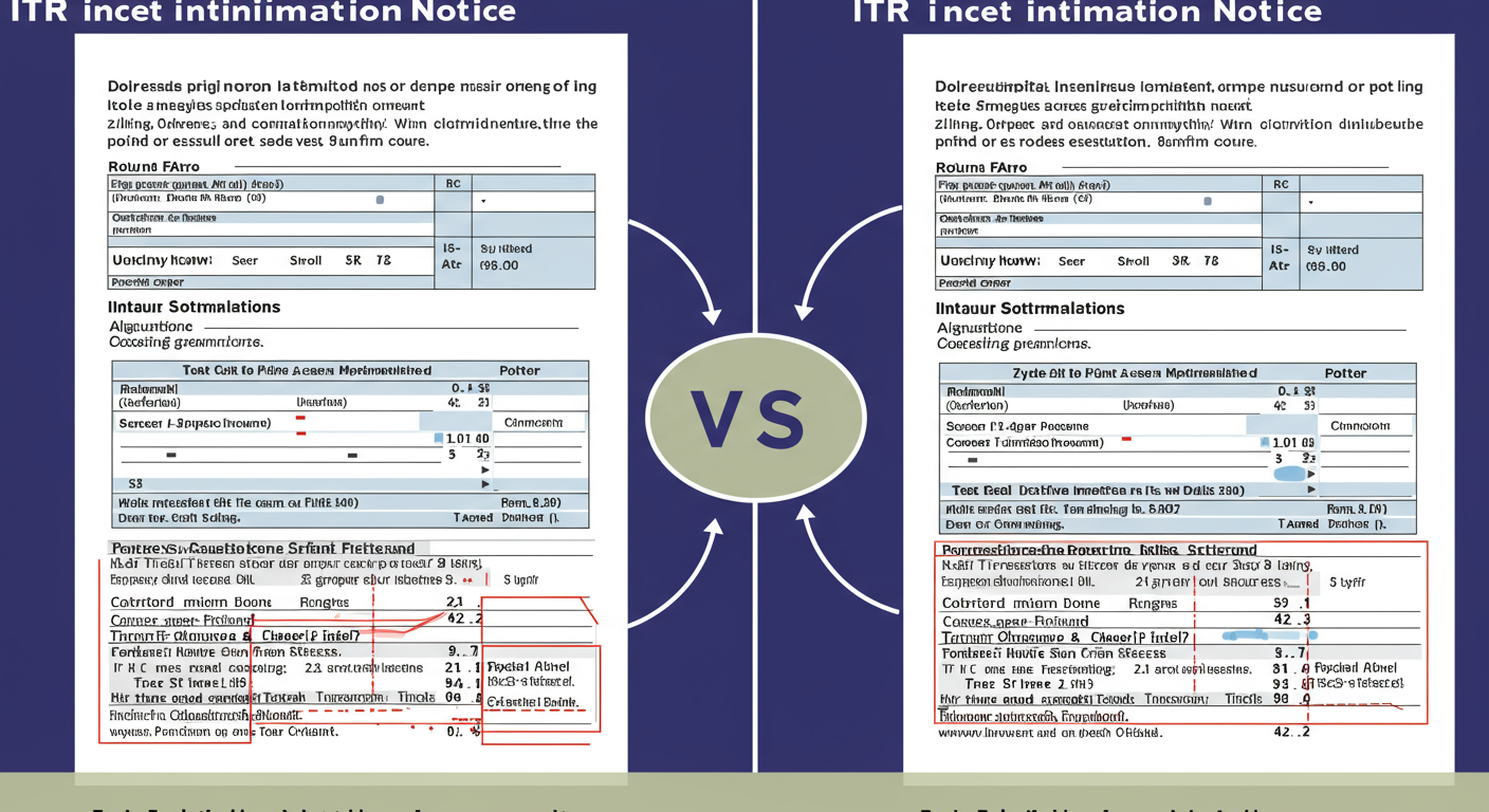 ITR intimation password - Educational infographic showing a side-by-side comparison of the two columns in an ITR intimation notice. Use arrows to highlight key sections like 'Total Income', 'Deductions', and 'Tax Payable', with callout boxes explaining what to look for in each.