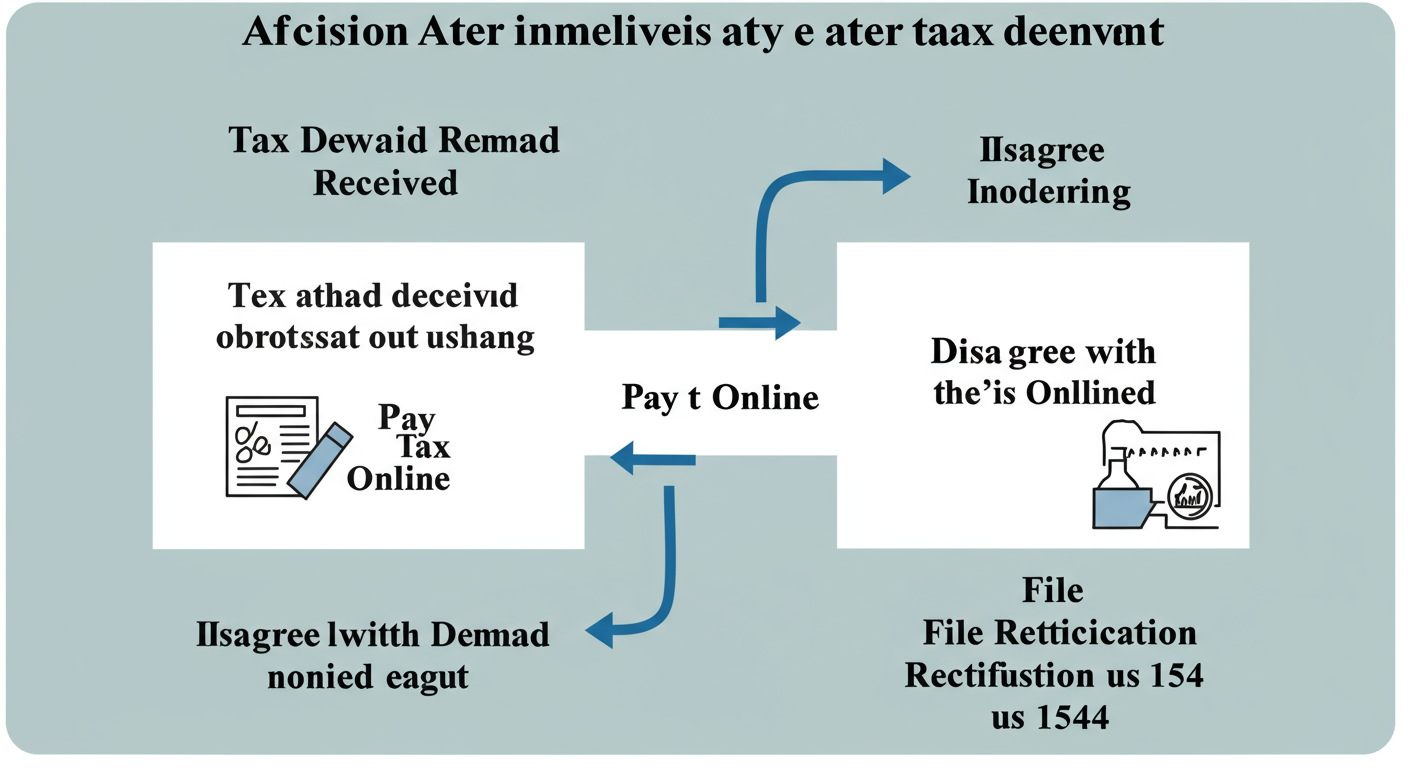 ITR intimation password - A simple step-by-step diagram showing the decision process after receiving a tax demand. It starts with 'Tax Demand Received', then splits into two paths: 'Agree with Demand' leading to 'Pay Tax Online', and 'Disagree with Demand' leading to 'File Rectification u/s 154'.