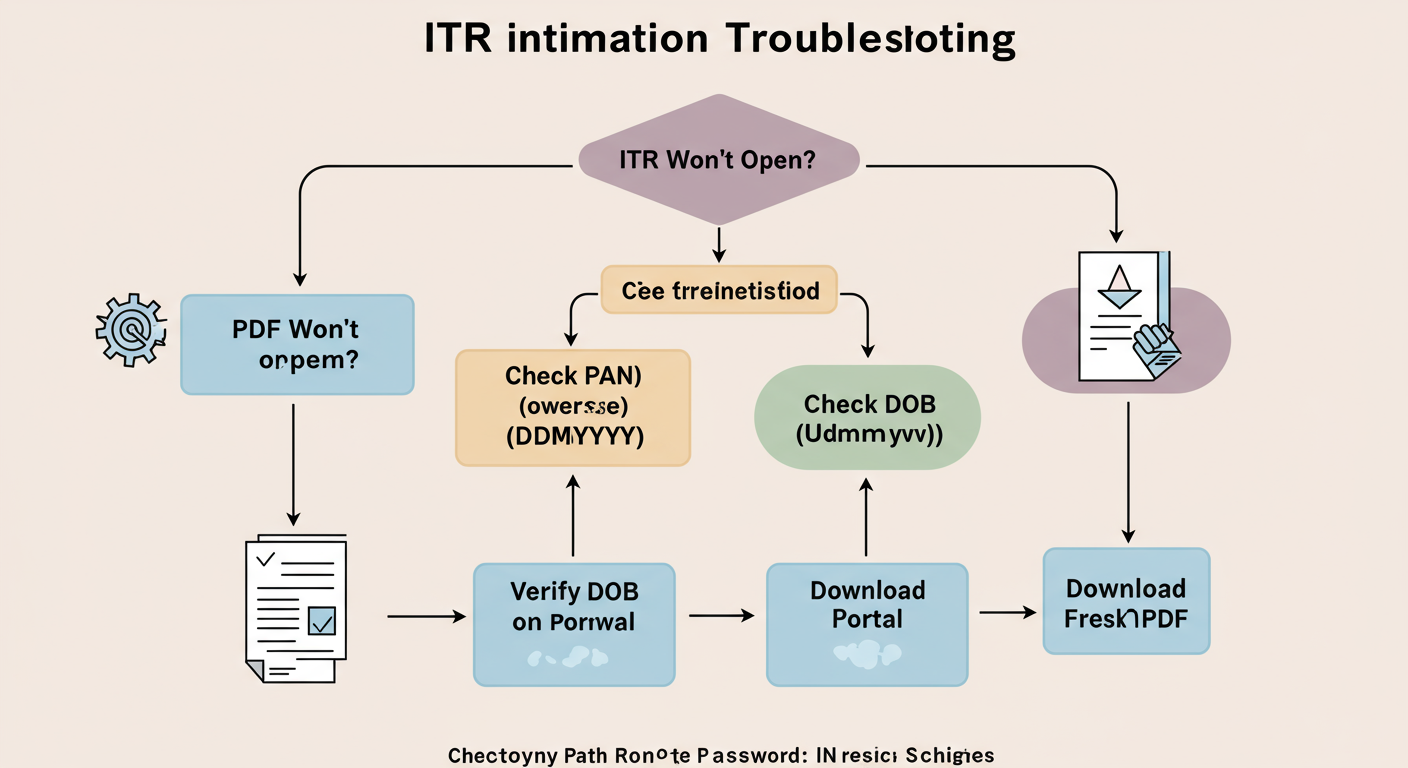 ITR intimation password - Professional minimalist flowchart diagram titled 'ITR Intimation Password Troubleshooting'. It starts with 'PDF Won't Open?' and branches into four checks: 'Check PAN (lowercase)', 'Check DOB (DDMMYYYY)', 'Verify DOB on Portal', and 'Download Fresh PDF'. Each branch leads to a 'Success!' box.