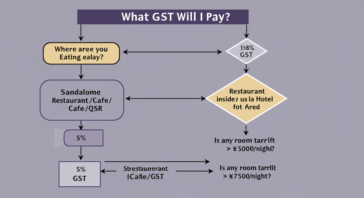 GST rate on restaurant food - A simple flowchart diagram titled 'What GST Will I Pay?'. It starts with a question 'Where are you eating?'. One branch goes to 'Standalone Restaurant/Cafe/QSR' which leads to a box '5% GST'. The other branch goes to 'Restaurant inside a Hotel'. This leads to a diamond 'Is any room tariff > ₹7,500/night?'. 'No' leads to '5% GST'. 'Yes' leads to '18% GST'.